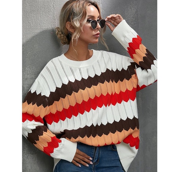 Chunky striped crew neck knit sweater - Picture 3 of 5